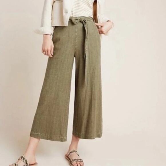 Anthropologie Pants - Anthropologie Olive Green Linen Blend Tie Waist Wide Leg Crop Pants Small ✨ 🫒🌿